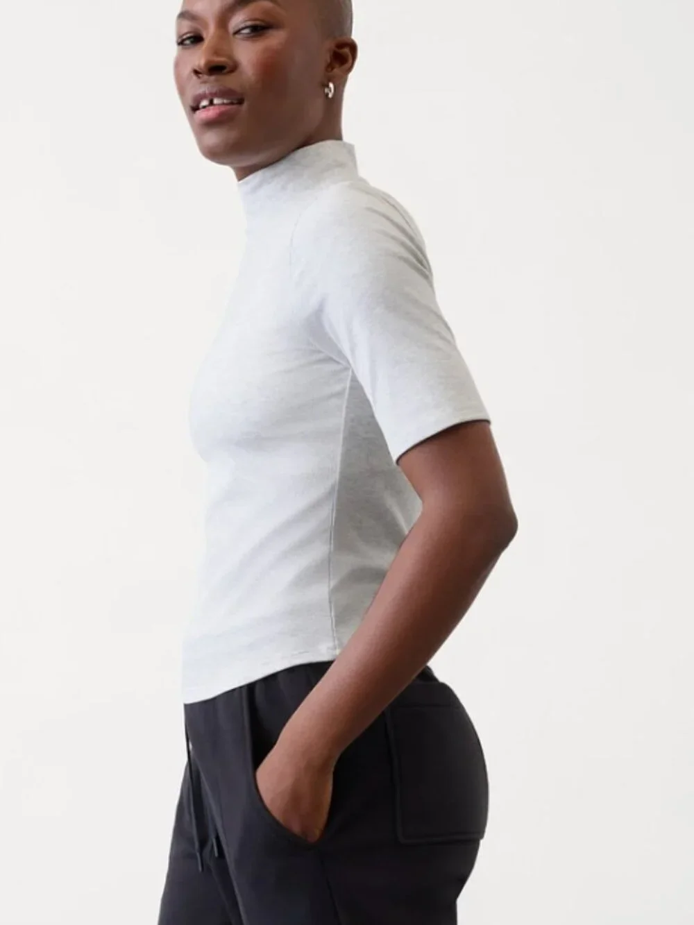 Athleta Signature Rib Mock Neck Elbow Sleeve Tee Fog Grey Heather M - Picture 4 of 6